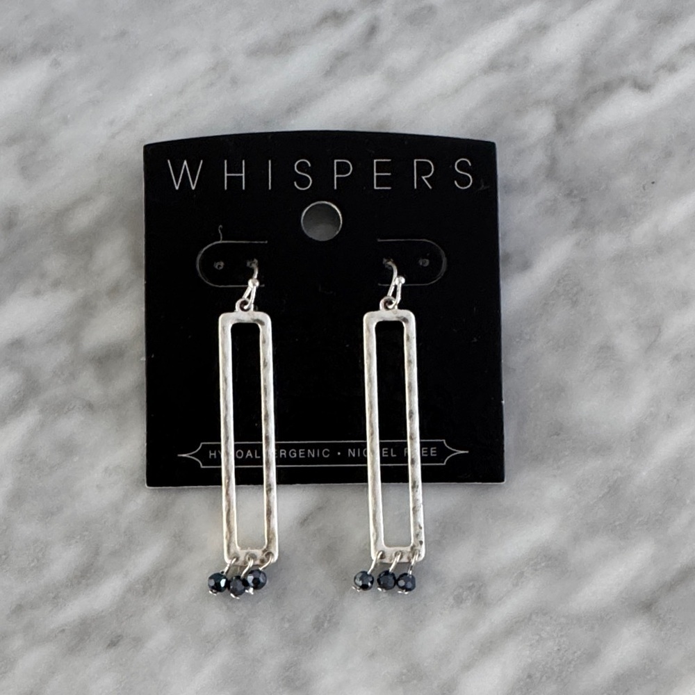 Whispers hammered silver tone rectangle gray crystal bead accent earrings. NWT